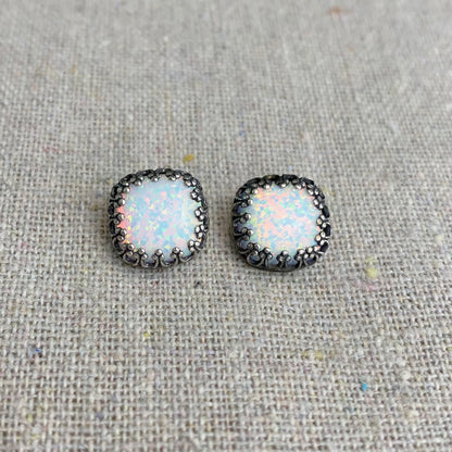 Snow Opal Crown Post Earrings • 10mm